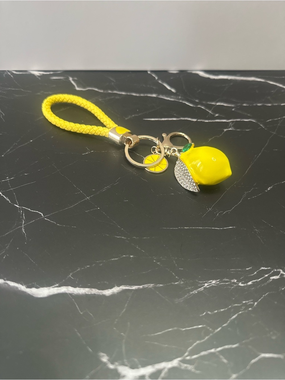 Cute Yellow Lemon with Rhinestones Keychain or Bag Charm with Faux Leather Strap